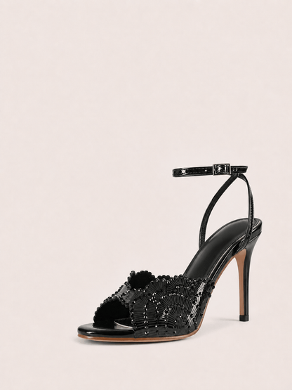 Round Open Toe High Heels Stilettos Strap Ankle Sparkly Heels
