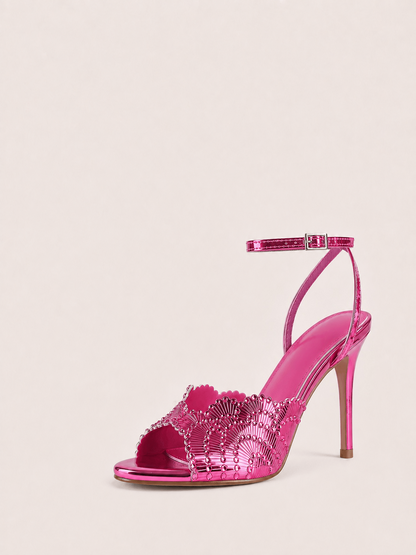 Round Open Toe High Heels Stilettos Strap Ankle Sparkly Heels