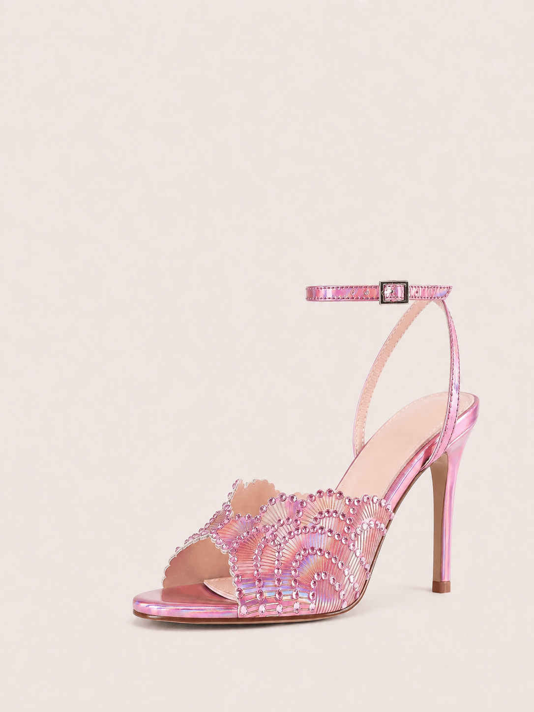 Round Open Toe High Heels Stilettos Strap Ankle Sparkly Heels