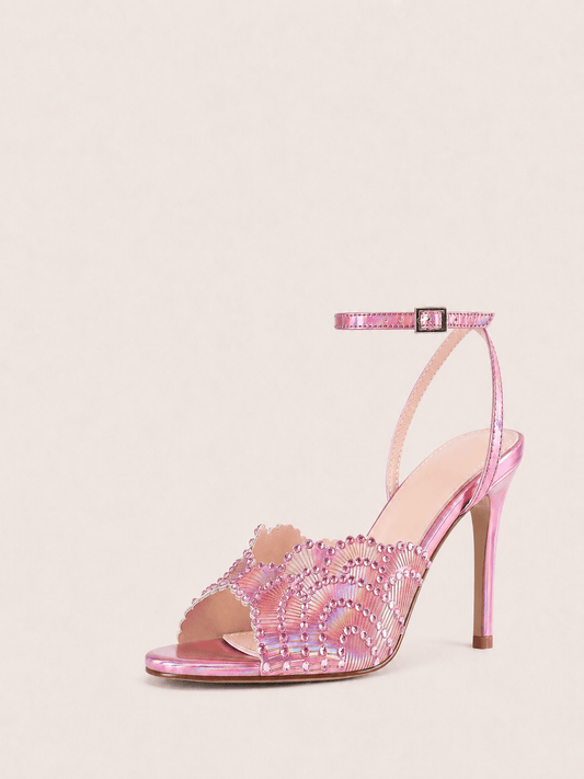Round Open Toe High Heels Stilettos Strap Ankle Sparkly Heels
