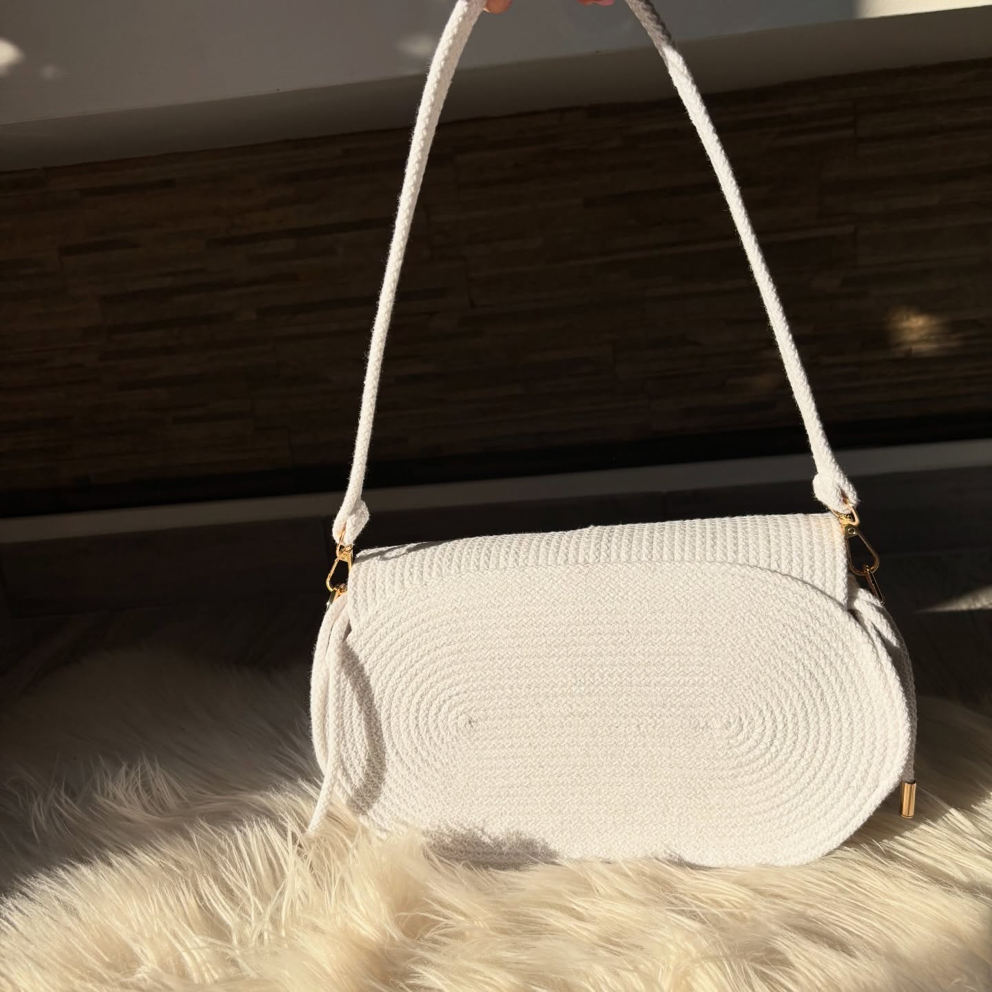 Ivory Crescent Woven Shoulder Bag