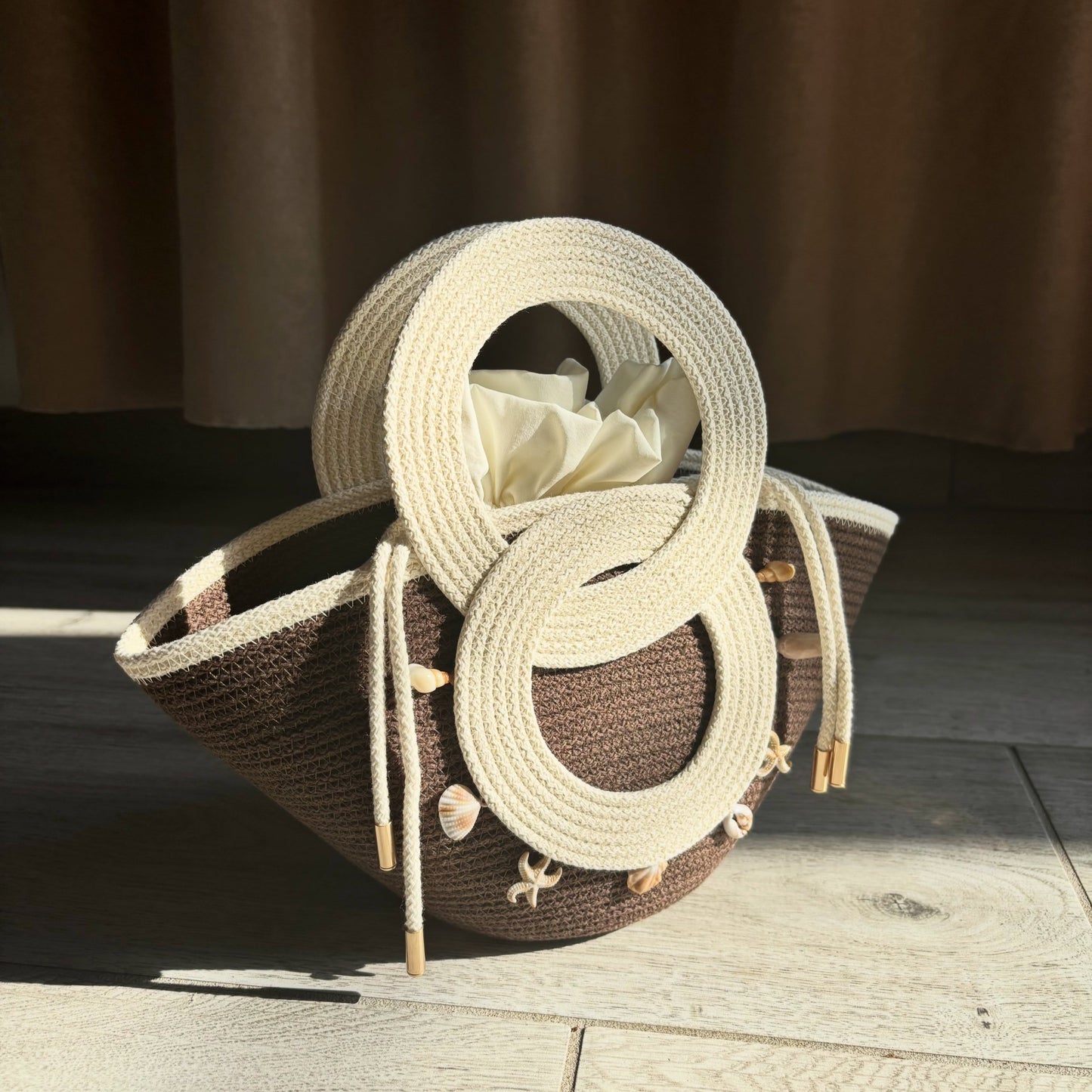 Coastal Loop Woven Handbag – Seashell Decor Top Handle Summer Purse