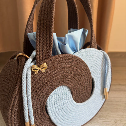 Retro Swirl Woven Handbag – Brown & Blue