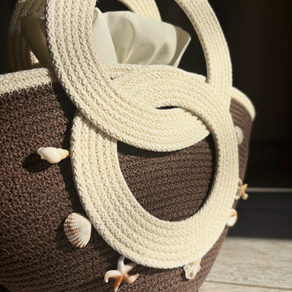 Coastal Loop Woven Handbag – Seashell Decor Top Handle Summer Purse