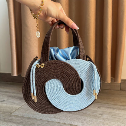 Retro Swirl Woven Handbag – Brown & Blue