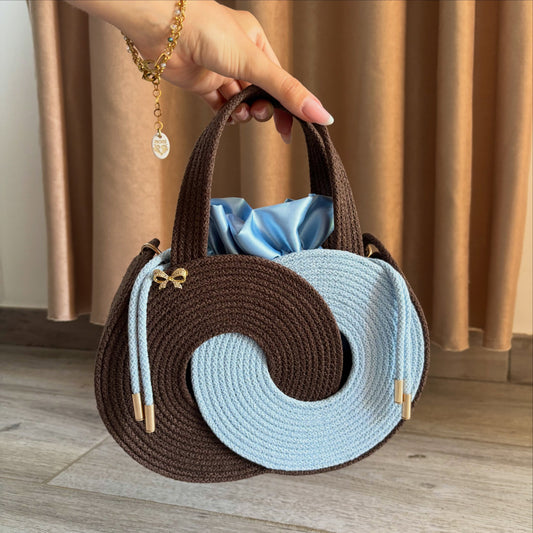 Retro Swirl Woven Handbag – Brown & Blue