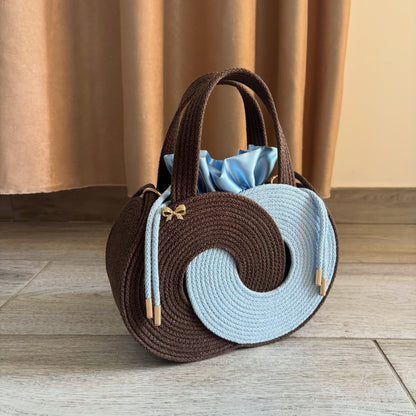 Retro Swirl Woven Handbag – Brown & Blue
