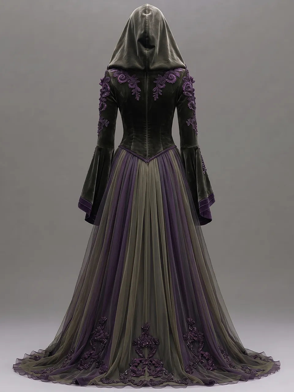 Womens Hooded V Neck Velvet Embroidered Spliced Flare Sleeve Striped Tulle Train Long Gown