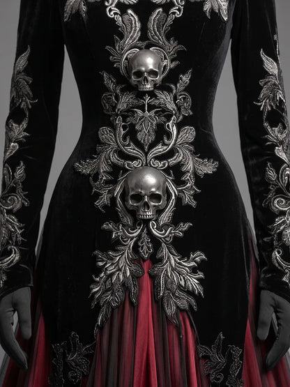 Womens V-neck Hooded Long Sleeve Skull Embroidered Velvet Spliced Tulle Flare Train Maxi Gown