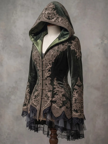 Womens Hooded V Neck Velvet Embroidered Buttoned Waist Long Sleeve Lace Layered Tulle Irregular Hem Mid Length Coat