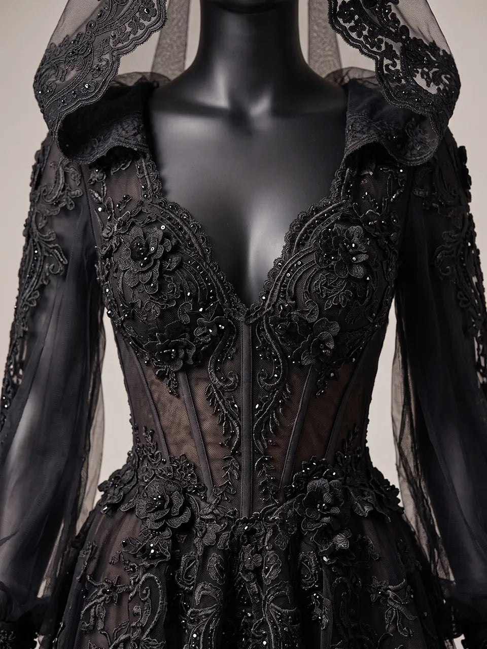 Womens V Neck Sheer Corset Hooded Tulle Embroidered Train Maxi Gown