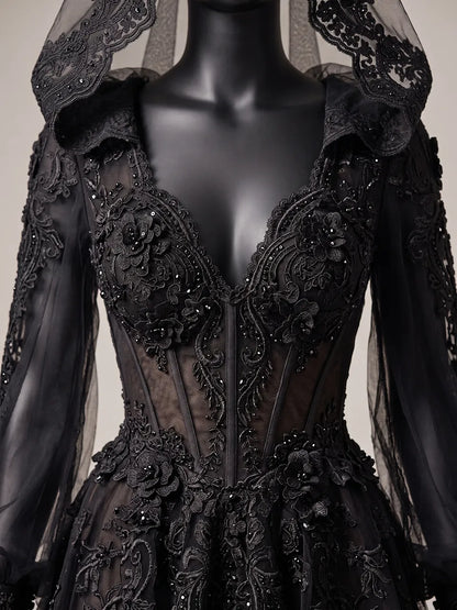 Womens V Neck Sheer Corset Hooded Tulle Embroidered Train Maxi Gown