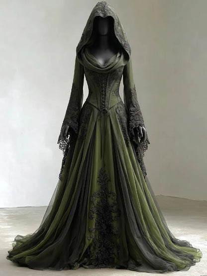 Womens Cowl Neck Hooded Lace Up Corset Flare Long Sleeve Embroidered Tulle Train Maxi Gown