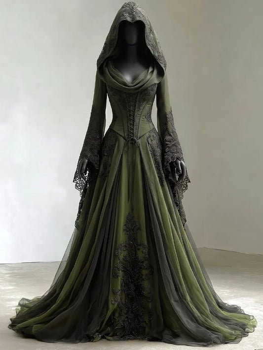 Womens Cowl Neck Hooded Lace Up Corset Flare Long Sleeve Embroidered Tulle Train Maxi Gown