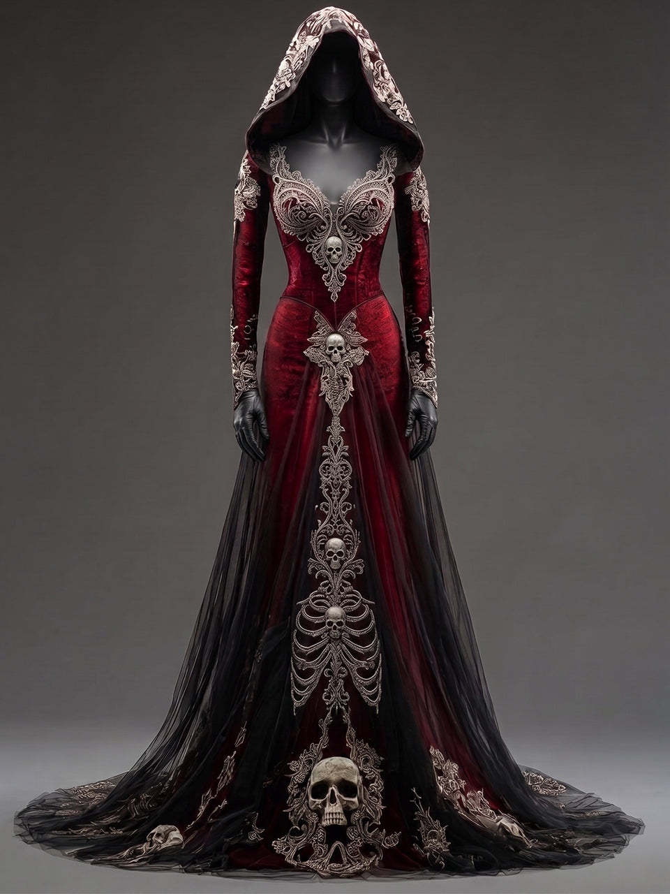 Womens V-neck Hooded Long Sleeve Skull Embroidered Fitted Tulle Panel Train Mermaid Maxi Gown