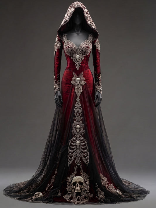Womens V-neck Hooded Long Sleeve Skull Embroidered Fitted Tulle Panel Train Mermaid Maxi Gown
