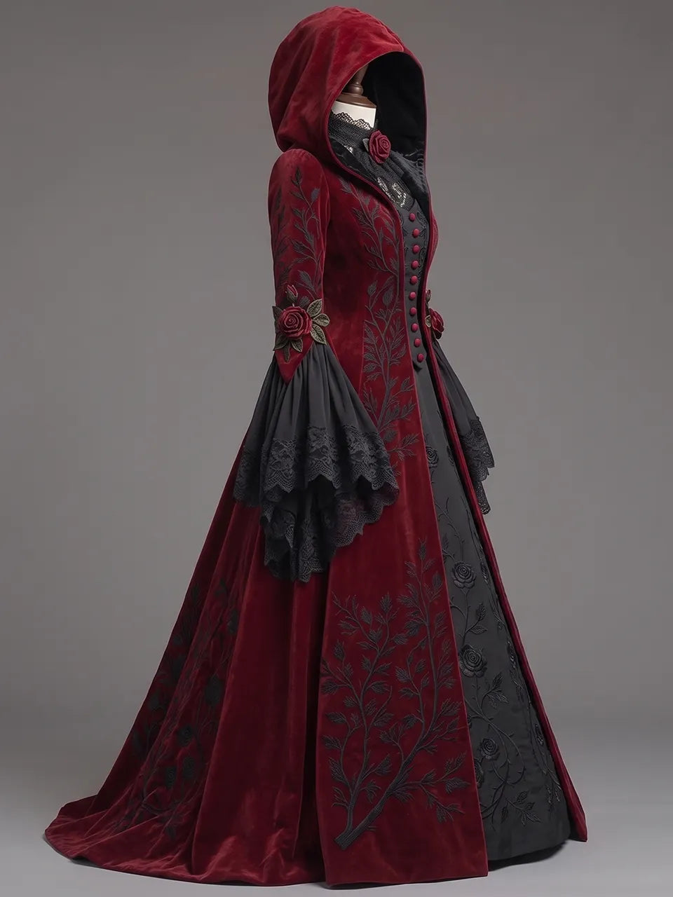 Womens High Neck Velvet Hooded Flare Sleeve Button Embroidered Lace Patch Train Long Gown