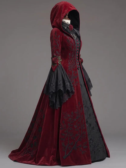 Womens High Neck Velvet Hooded Flare Sleeve Button Embroidered Lace Patch Train Long Gown