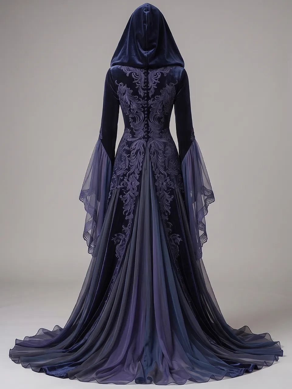 Womens V-neck Hooded Flare Sleeve Vine Embroidered Velvet Spliced Tulle Flowy Maxi Gown