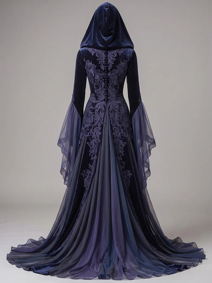 Womens V-neck Hooded Flare Sleeve Vine Embroidered Velvet Spliced Tulle Flowy Maxi Gown