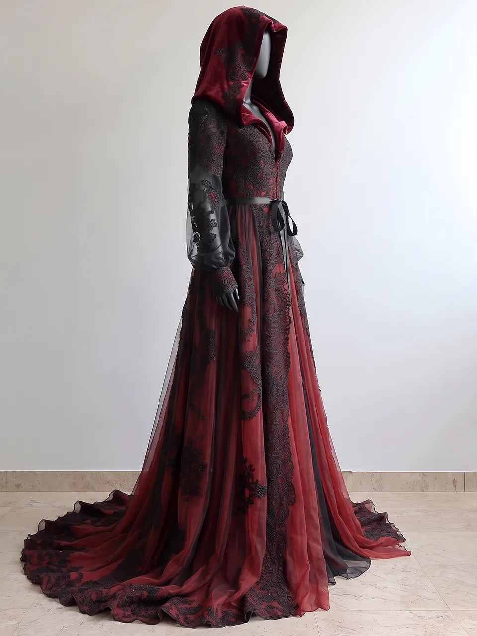 Womens Hooded Deep V-neck Tie Waist Sheer Long Sleeve Lace Embroidered Tulle Train Maxi Gown
