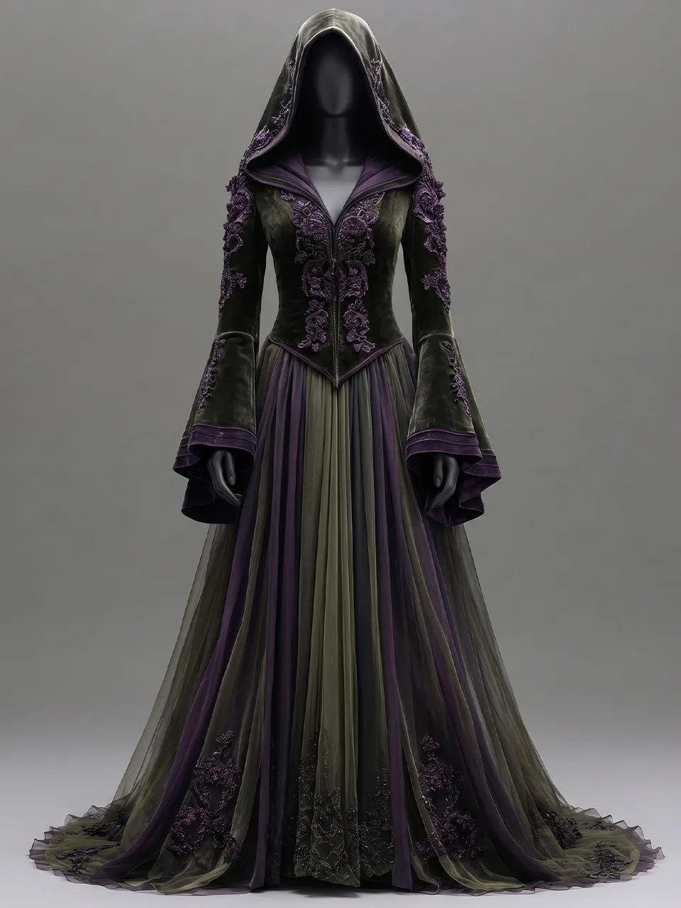 Womens Hooded V Neck Velvet Embroidered Spliced Flare Sleeve Striped Tulle Train Long Gown