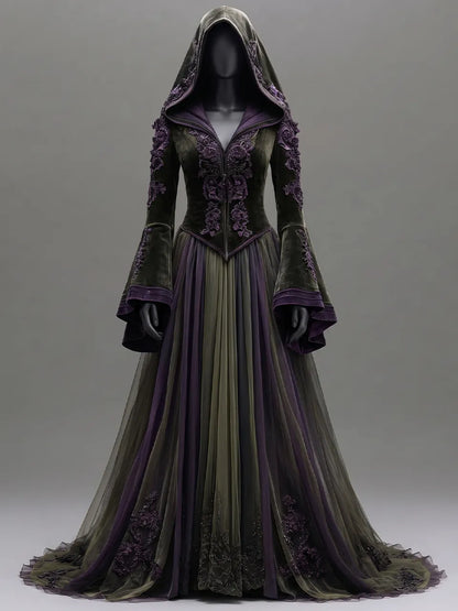 Womens Hooded V Neck Velvet Embroidered Spliced Flare Sleeve Striped Tulle Train Long Gown