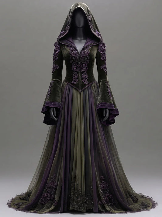 Womens Hooded V Neck Velvet Embroidered Spliced Flare Sleeve Striped Tulle Train Long Gown