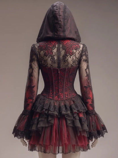Womens Hooded Lace Up Corset Lace Spliced Flare Sleeve Multi Layer Ruffled Short Gown