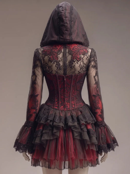 Womens Hooded Lace Up Corset Lace Spliced Flare Sleeve Multi Layer Ruffled Short Gown