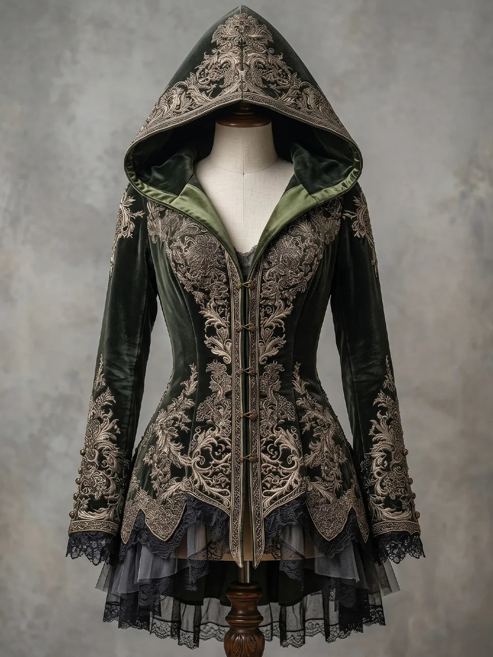 Womens Hooded V Neck Velvet Embroidered Buttoned Waist Long Sleeve Lace Layered Tulle Irregular Hem Mid Length Coat