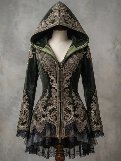 Womens Hooded V Neck Velvet Embroidered Buttoned Waist Long Sleeve Lace Layered Tulle Irregular Hem Mid Length Coat
