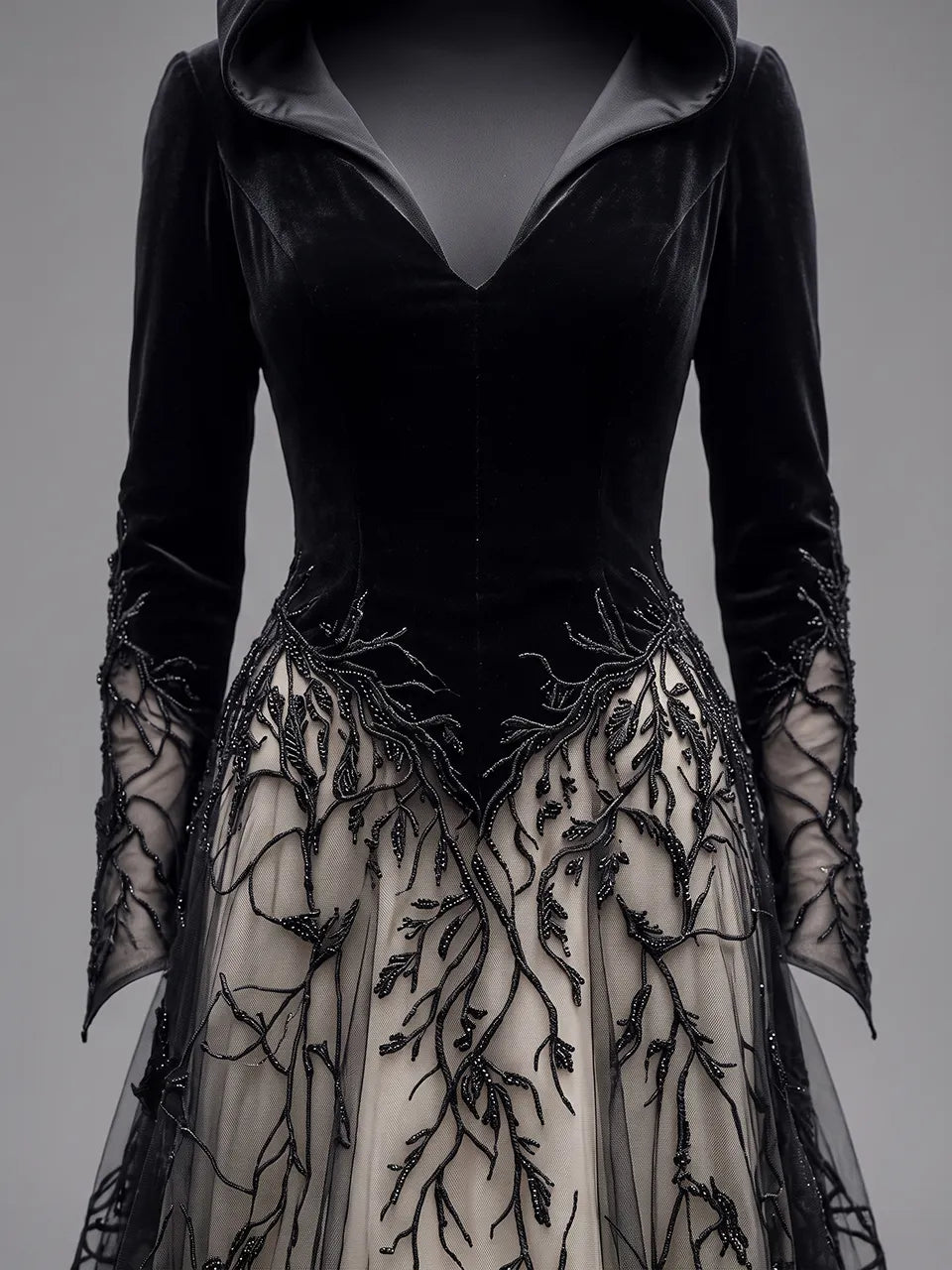Womens Hooded V Neck Velvet Spliced Embroidered Sheer Long Sleeve Layered Tulle Floor Length Long Gown