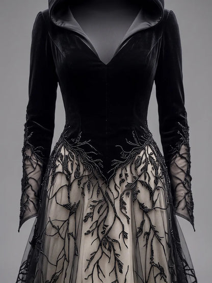 Womens Hooded V Neck Velvet Spliced Embroidered Sheer Long Sleeve Layered Tulle Floor Length Long Gown