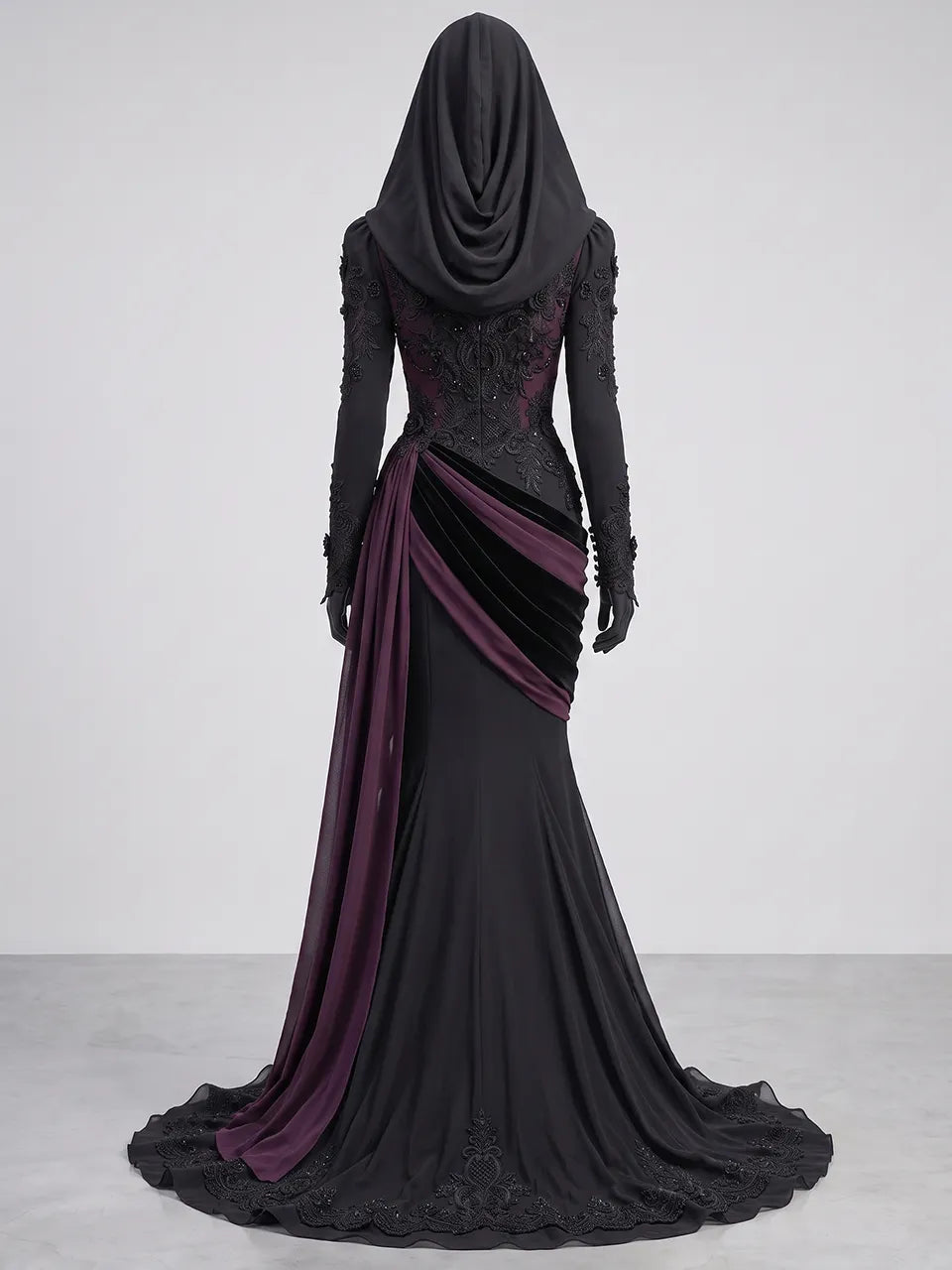 Womens Round Neck Sheer Panel Embroidered Hooded Draped Ruched Mermaid Train Maxi Gown
