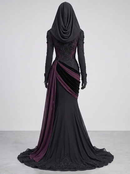 Womens Round Neck Sheer Panel Embroidered Hooded Draped Ruched Mermaid Train Maxi Gown