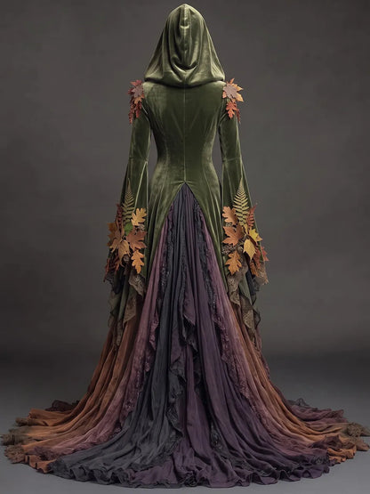 Womens Hooded Heart Neck Velvet Embroidered Flare Sleeve Irregular Lace Layered Tulle Floor Trailing Long Gown Dress