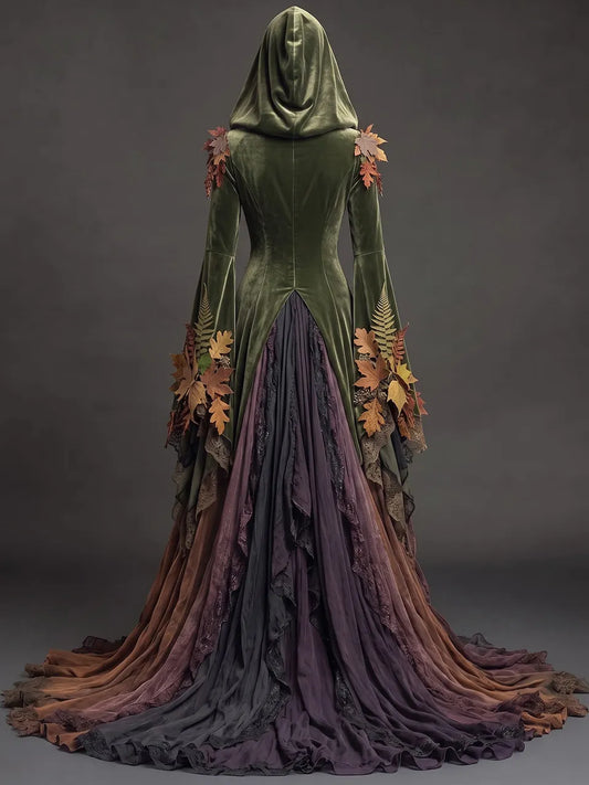 Womens Hooded Heart Neck Velvet Embroidered Flare Sleeve Irregular Lace Layered Tulle Floor Trailing Long Gown Dress