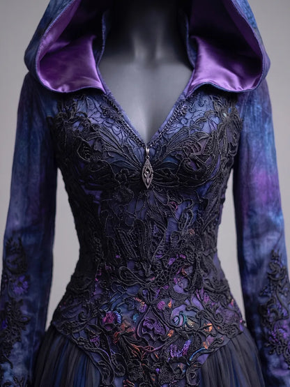 Womens Hooded V Neck Fitted Embroidered Lace Spliced Long Sleeve Tulle Train Long Gown