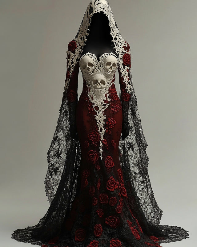 Giseabel Bohemian style  Contrasting Lace Rose And Skull Embroidered Evening Dress 7343