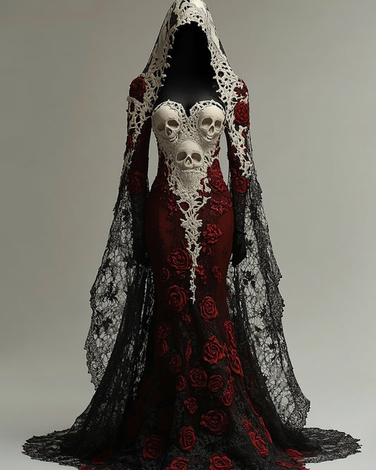 Giseabel Bohemian style  Contrasting Lace Rose And Skull Embroidered Evening Dress 7343