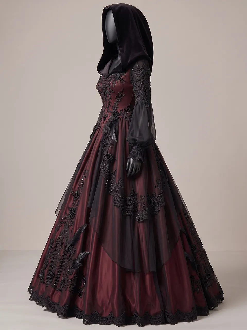 Womens V Neck Velvet Hooded Lantern Sleeve Embroidered Tulle Overlay Ball Gown