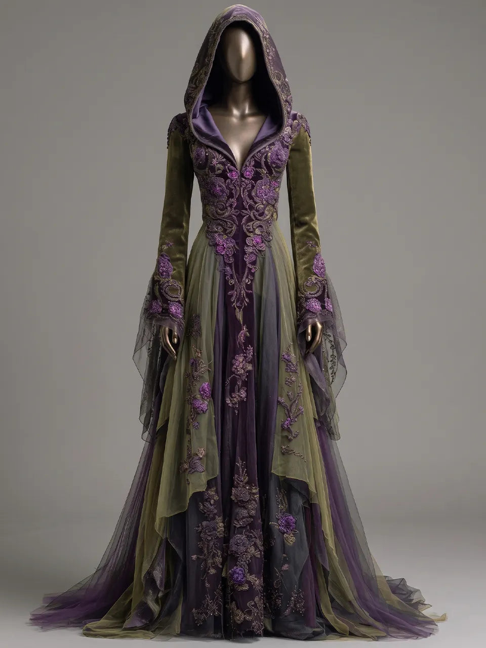 Womens Hooded V-neck Velvet Spliced Embroidered Flared Sleeve Irregular Tulle Train Long Gown
