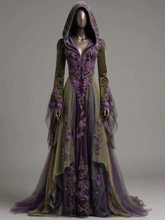 Womens Hooded V-neck Velvet Spliced Embroidered Flared Sleeve Irregular Tulle Train Long Gown