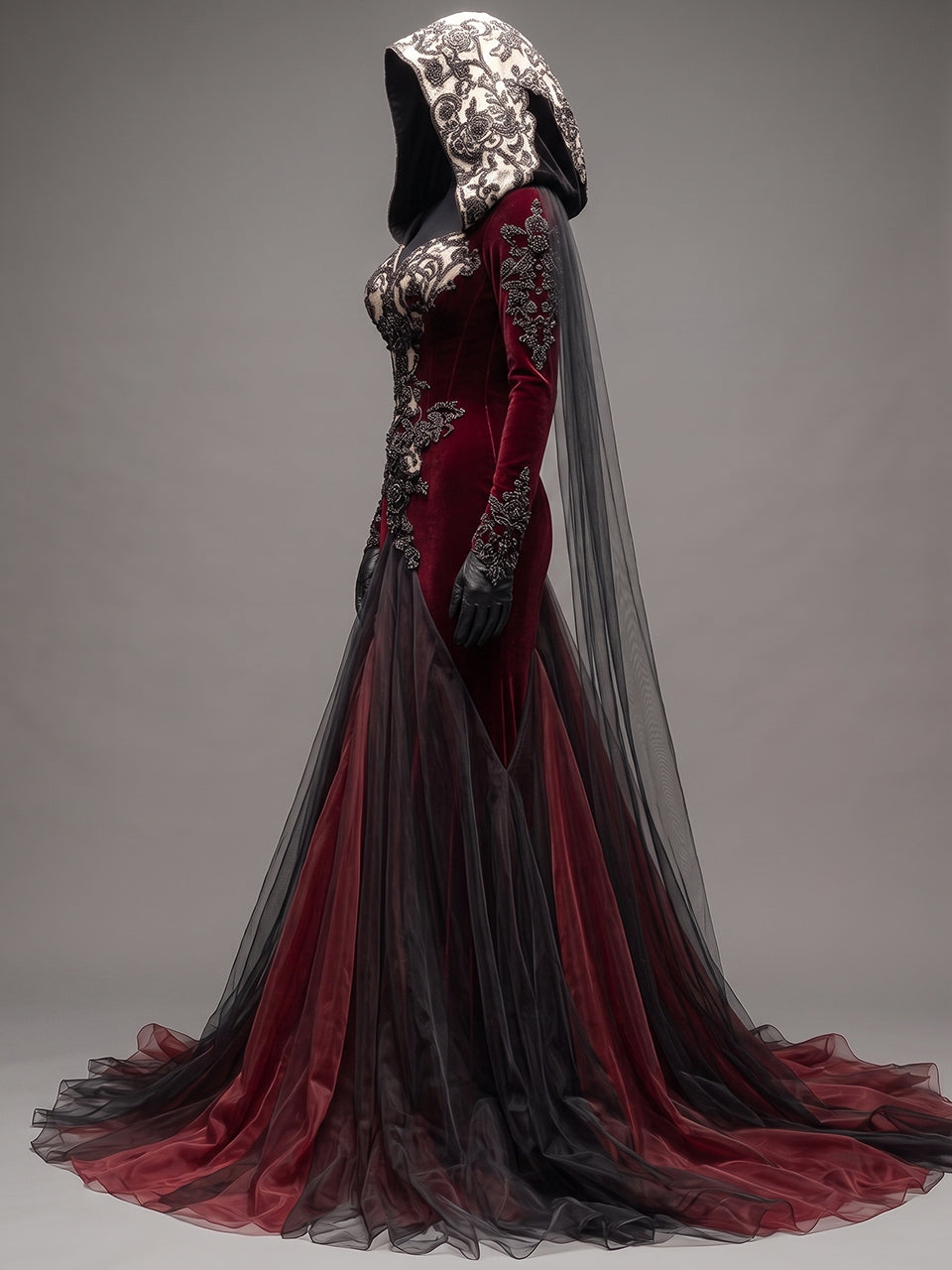 Womens Sweetheart Neck Hooded Long Sleeve Applique Tulle Panel Fitted Train Maxi Gown