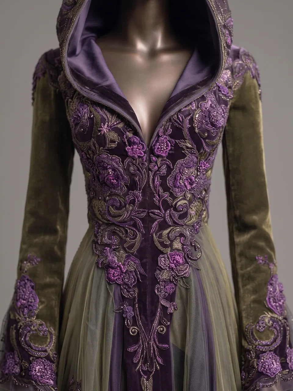 Womens Hooded V-neck Velvet Spliced Embroidered Flared Sleeve Irregular Tulle Train Long Gown