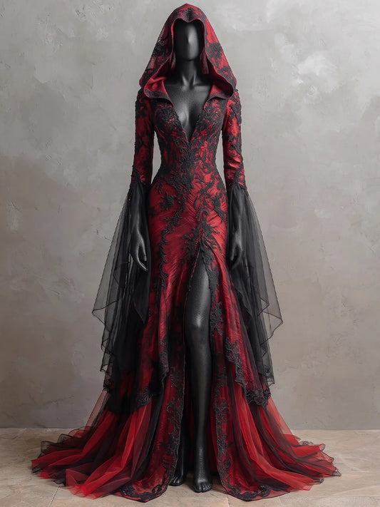 Womens Hooded Deep V-neck Fitted Slit Flared Sleeve Lace Embroidered Tulle Train Maxi Gown