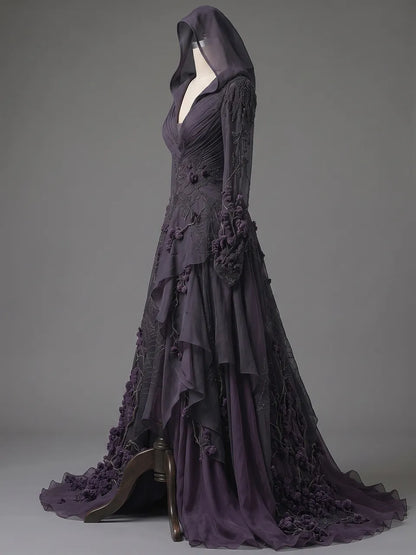 Womens Hooded Deep V Neck Ruched Embroidered Spliced Sheer Long Sleeve Irregular Ruffle Tulle Train Long Gown