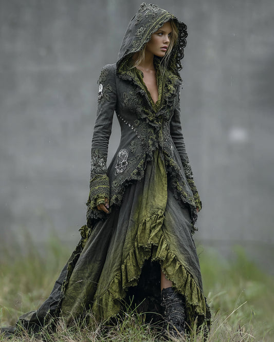 Giseabel Bohemian style Irregular Gradient Skull Embroidered Lace Hooded Evening Dress c867