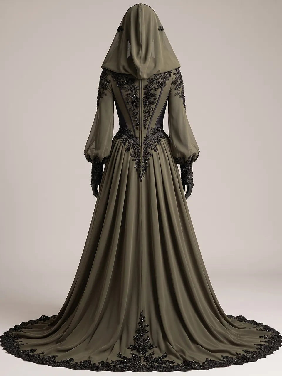 Womens Hooded V Neck Fitted Waist Lantern Long Sleeve Embroidered Train Maxi Gown